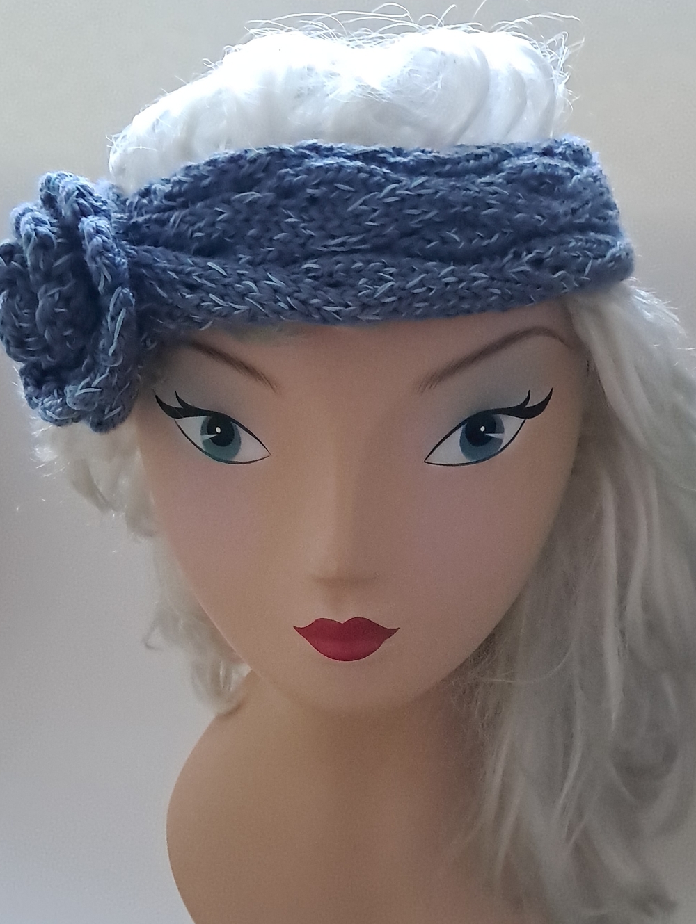 Set Handknit Headband with Flower Matching Beanie Hat Denim & Light Blues OOAK